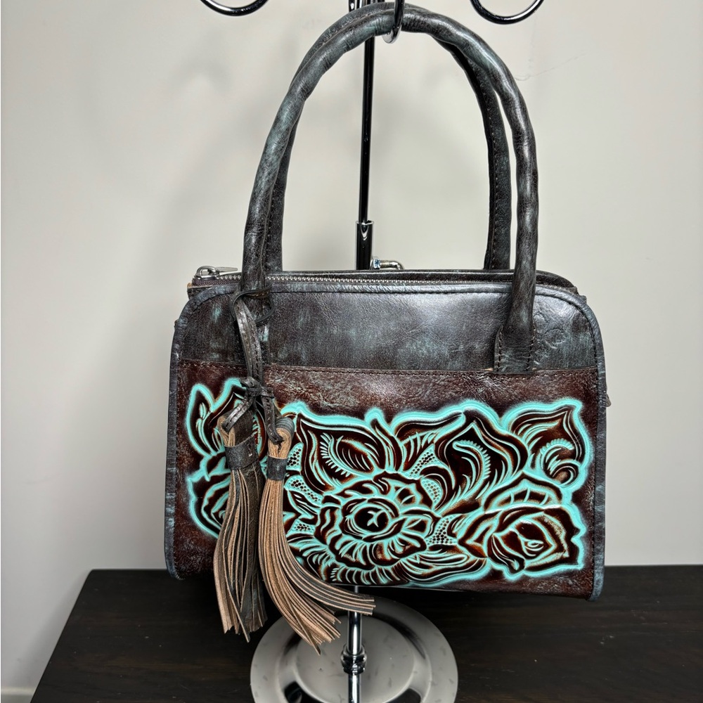 Patricia Nash Floral Embossed Women Bag Brown and Turquoise with Crossbody strap - Picture 4 of 9